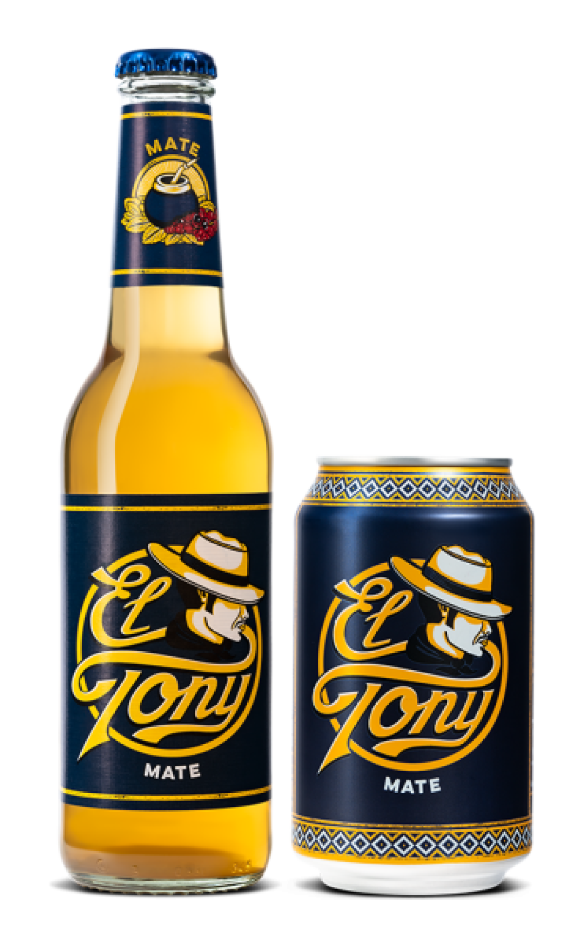 El Tony Mate-drank: een fles en blik met een stijlvol geel ontwerp.